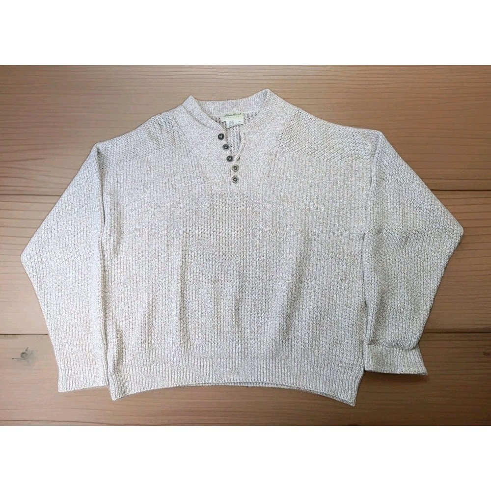 Vintage Eddie Bauer Sweater Mens Large Beige Waffle Knit Henley Made In USA 90s